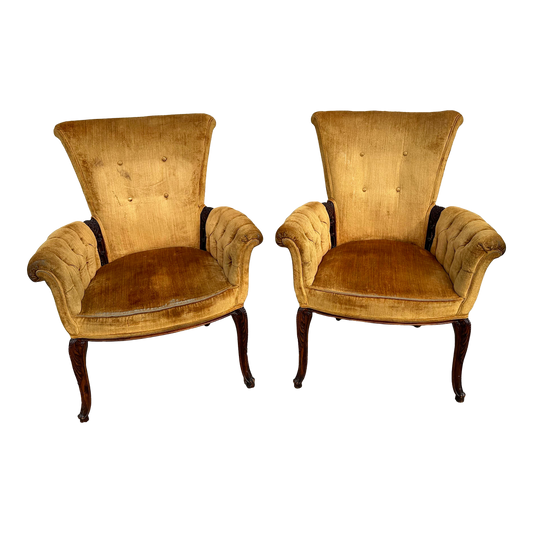 1940s-50s Pair of Golden Velvet Hollywood Regency Button Back Chairs With Wood Accents