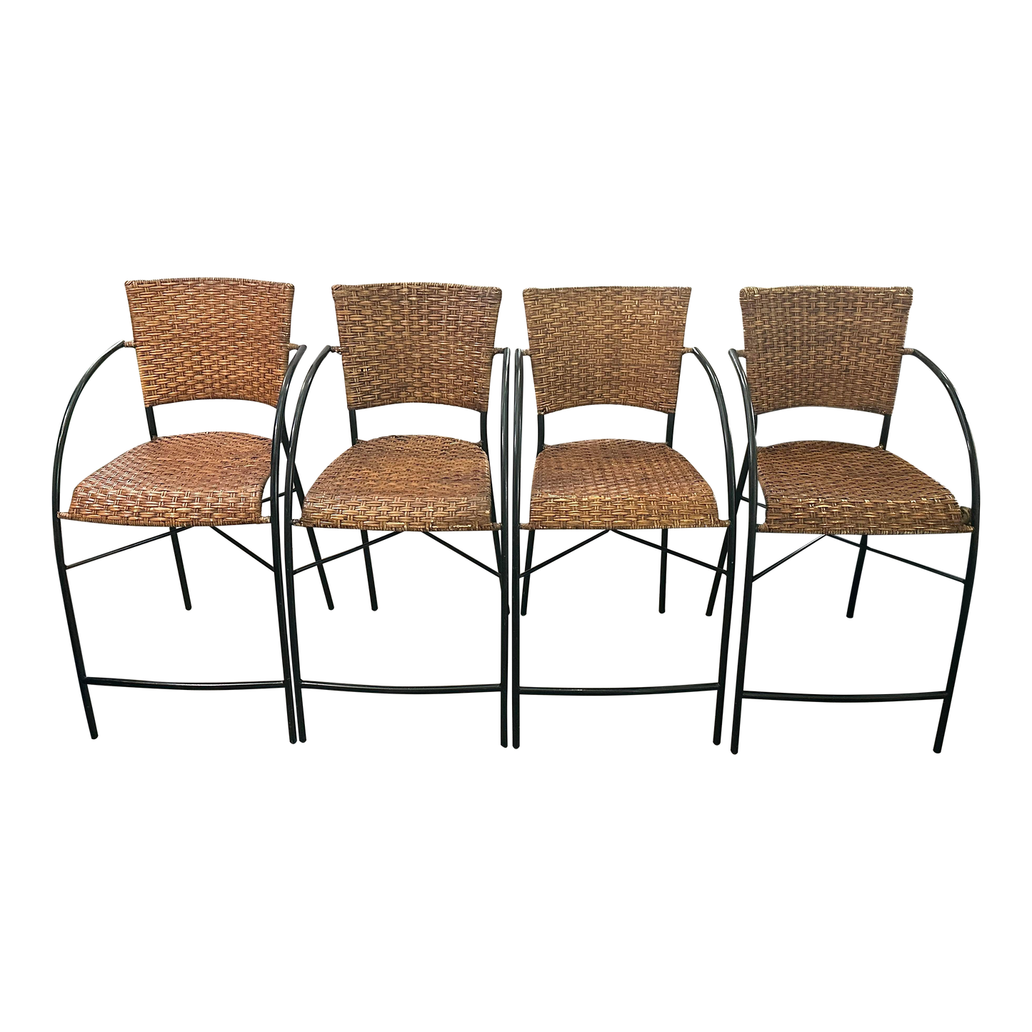 1960s Mid-Century Modern Set of 4 Wrought Iron & Rattan High Seat Armchairs