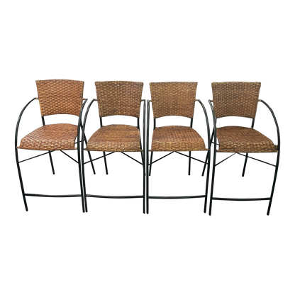 1960s Mid-Century Modern Set of 4 Wrought Iron & Rattan High Seat Armchairs