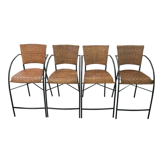 1960s Mid-Century Modern Set of 4 Wrought Iron & Rattan High Seat Armchairs