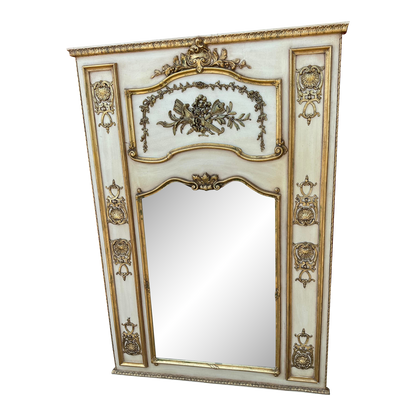 1960s Ornate Italian Cream Carved Trumeau 18k Gold Trimmed Mirror