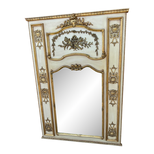 1960s Ornate Italian Cream Carved Trumeau 18k Gold Trimmed Mirror