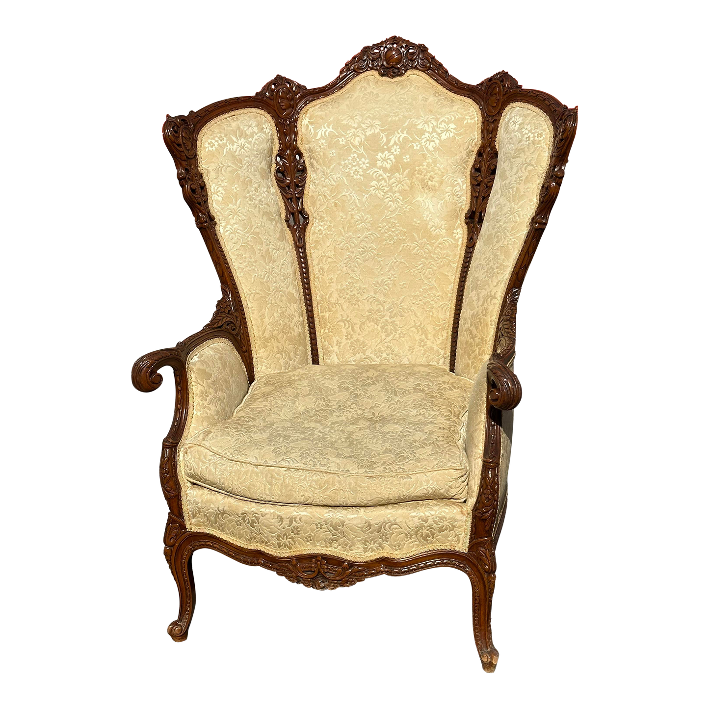 19th Century Continental Triple Pane Ivory Brocade Walnut Armchair