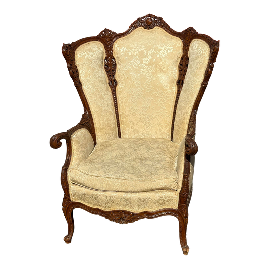 19th Century Continental Triple Pane Ivory Brocade Walnut Armchair