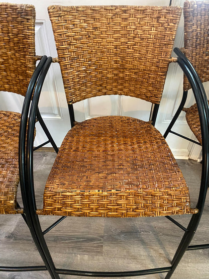 1960s Mid-Century Modern Set of 4 Wrought Iron & Rattan High Seat Armchairs