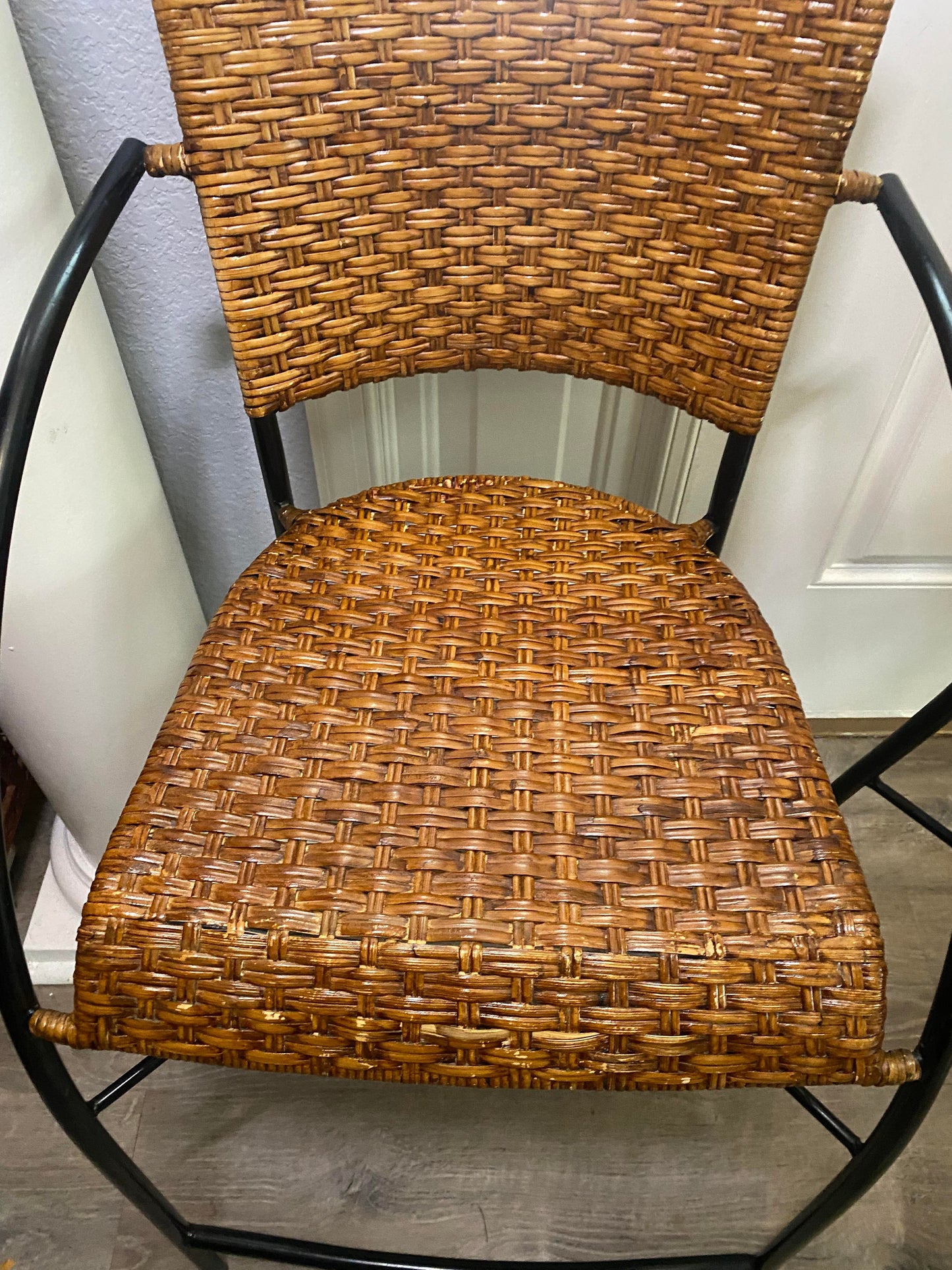 1960s Mid-Century Modern Set of 4 Wrought Iron & Rattan High Seat Armchairs