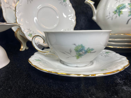 Elegant Scalloped Winterling China Tea Set ft Gold Trim - Green Chrysanthemums - 6 Servings - 21 pc - Pompadour