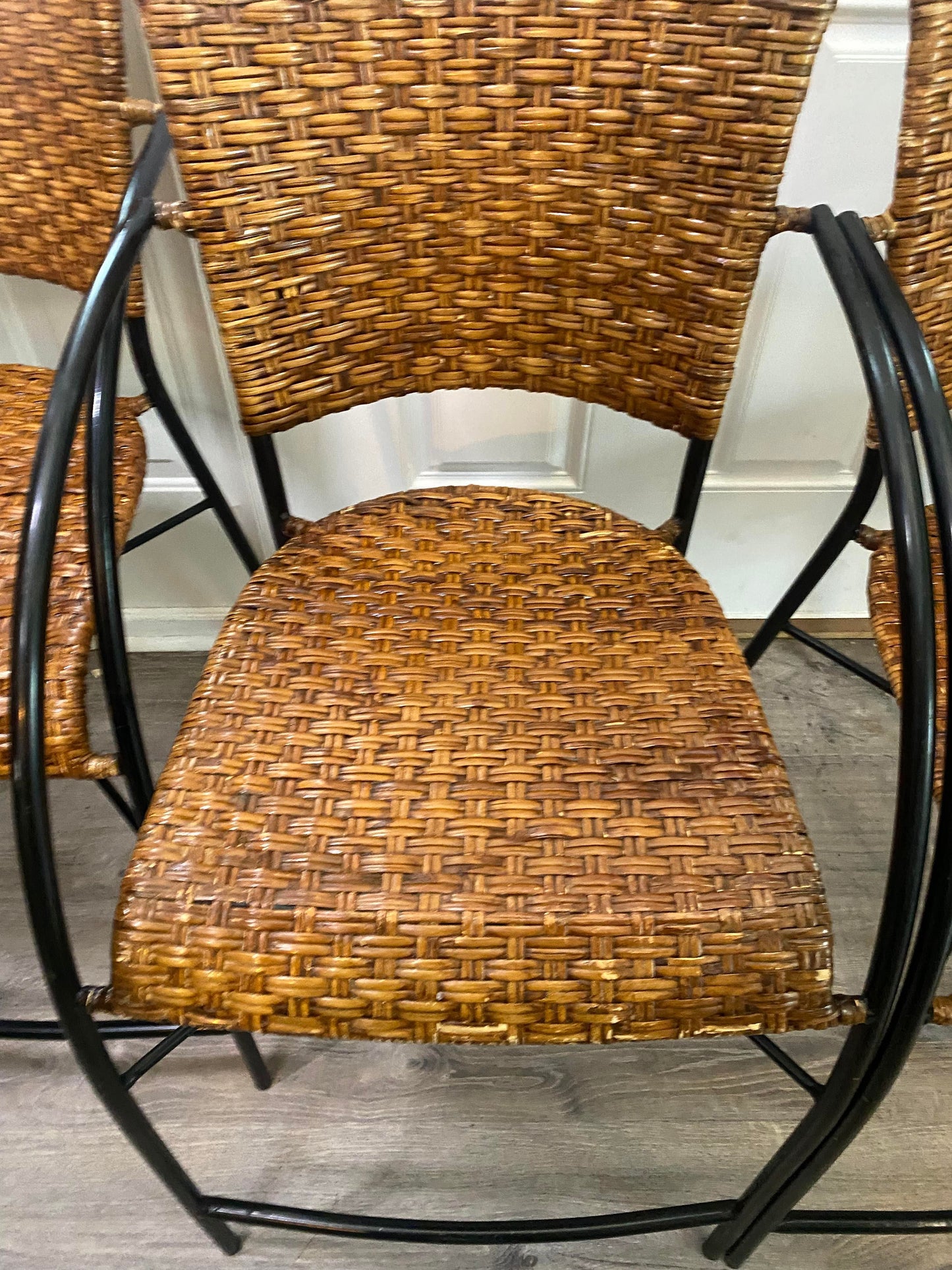 1960s Mid-Century Modern Set of 4 Wrought Iron & Rattan High Seat Armchairs