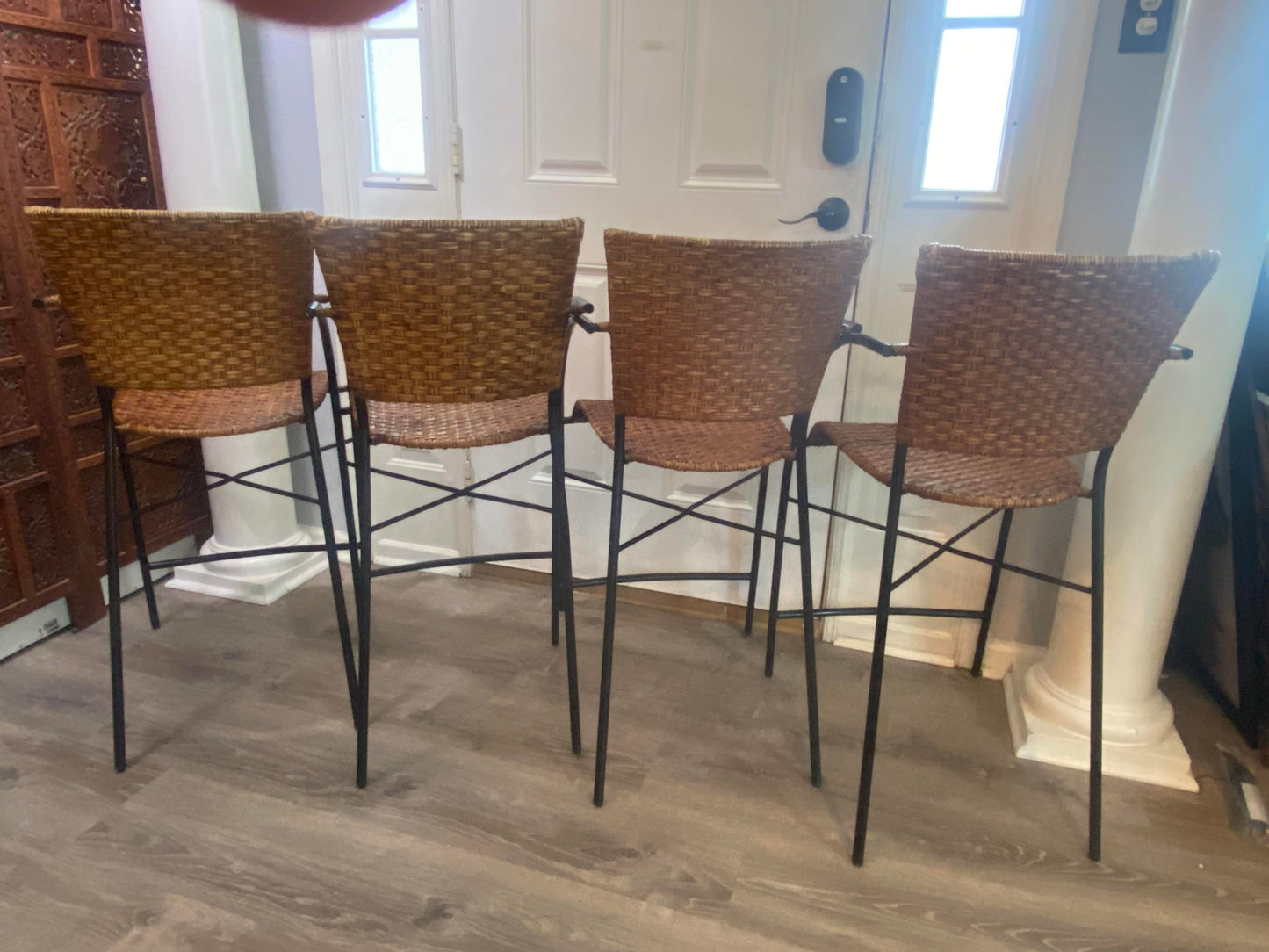 1960s Mid-Century Modern Set of 4 Wrought Iron & Rattan High Seat Armchairs