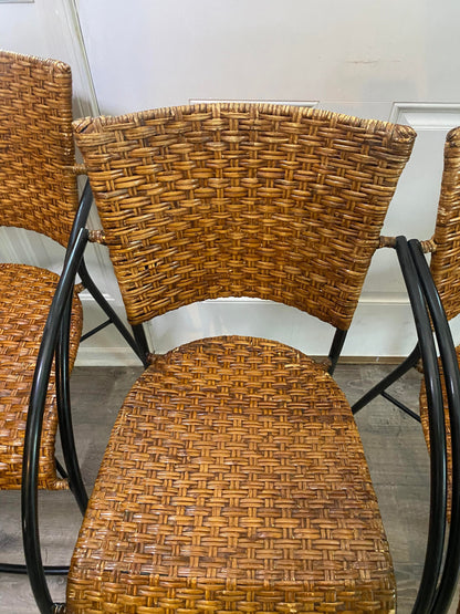 1960s Mid-Century Modern Set of 4 Wrought Iron & Rattan High Seat Armchairs