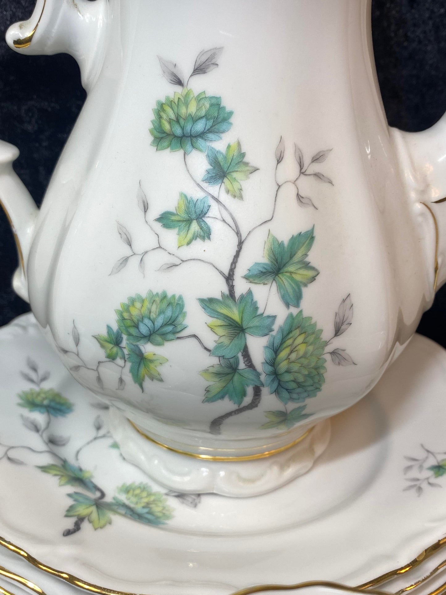 Elegant Scalloped Winterling China Tea Set ft Gold Trim - Green Chrysanthemums - 6 Servings - 21 pc - Pompadour