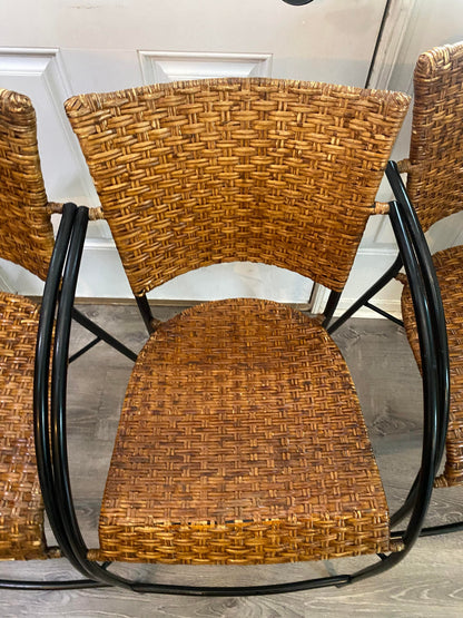 1960s Mid-Century Modern Set of 4 Wrought Iron & Rattan High Seat Armchairs