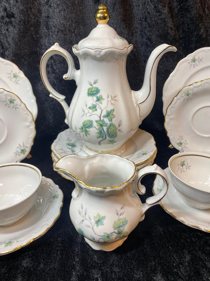 Elegant Scalloped Winterling China Tea Set ft Gold Trim - Green Chrysanthemums - 6 Servings - 21 pc - Pompadour