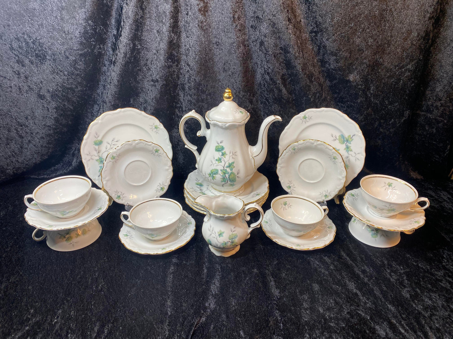 Elegant Scalloped Winterling China Tea Set ft Gold Trim - Green Chrysanthemums - 6 Servings - 21 pc - Pompadour