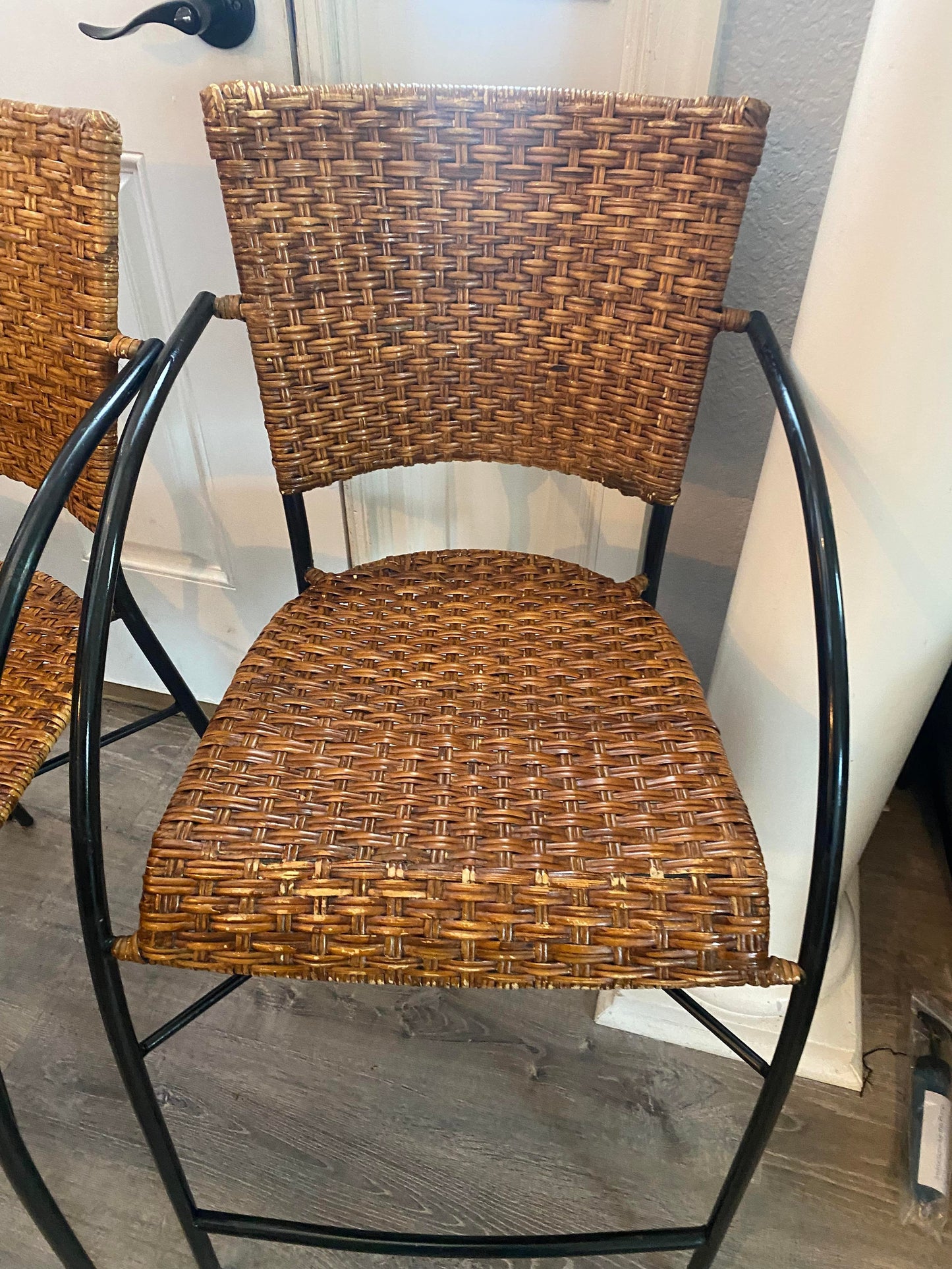 1960s Mid-Century Modern Set of 4 Wrought Iron & Rattan High Seat Armchairs