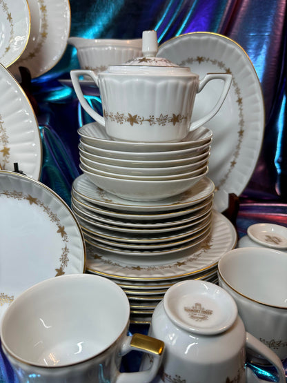 1960's Elegant Gold & White Dining Set China - 8 Settings and Serveware - Harmony House - Bouffant - 3678