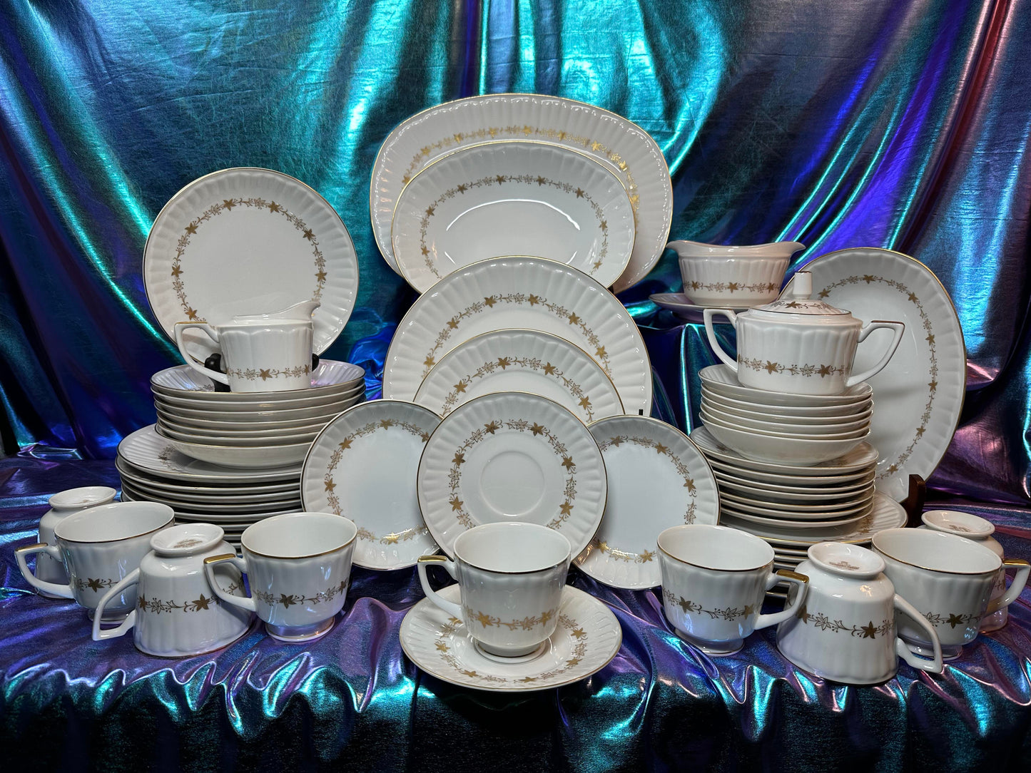 1960's Elegant Gold & White Dining Set China - 8 Settings and Serveware - Harmony House - Bouffant - 3678