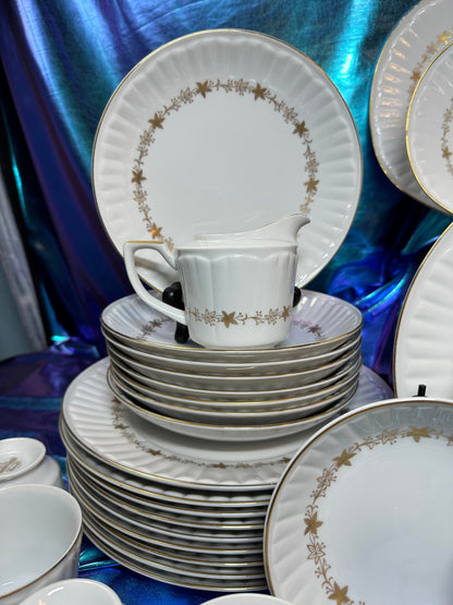 1960's Elegant Gold & White Dining Set China - 8 Settings and Serveware - Harmony House - Bouffant - 3678