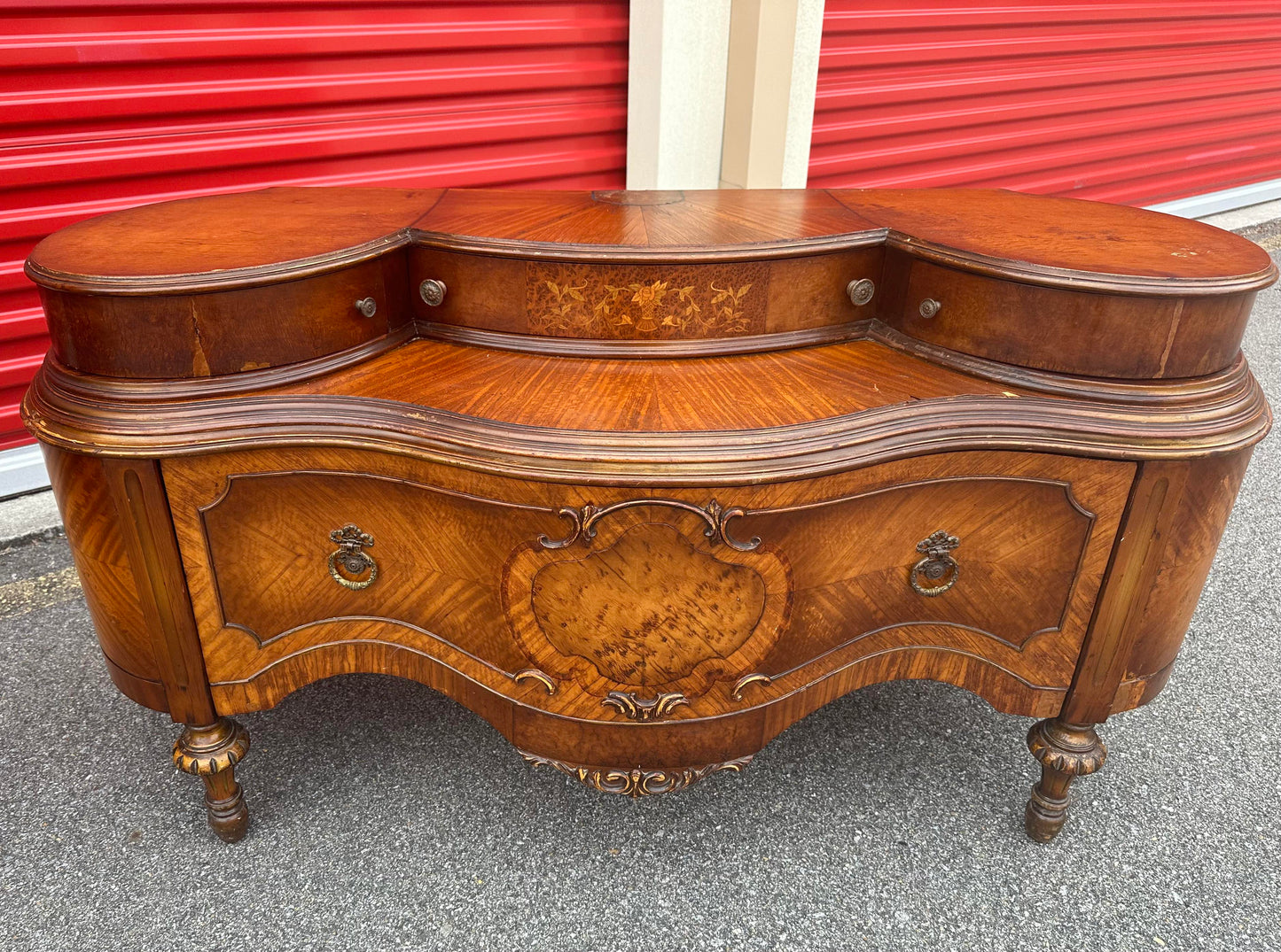 1920's French Style Art Nouveau Hand Carved Crafted Burl Vanity Dresser