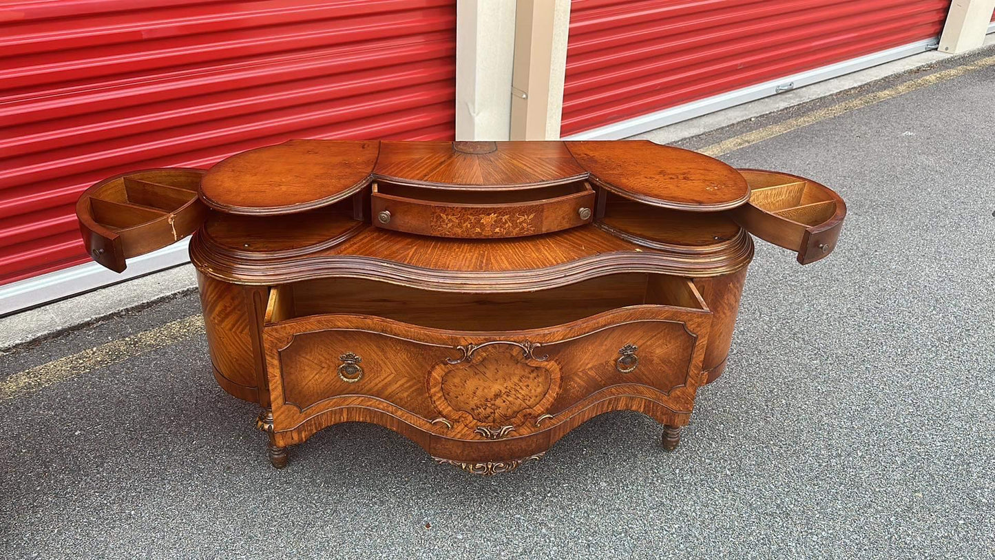 1920's French Style Art Nouveau Hand Carved Crafted Burl Vanity Dresser