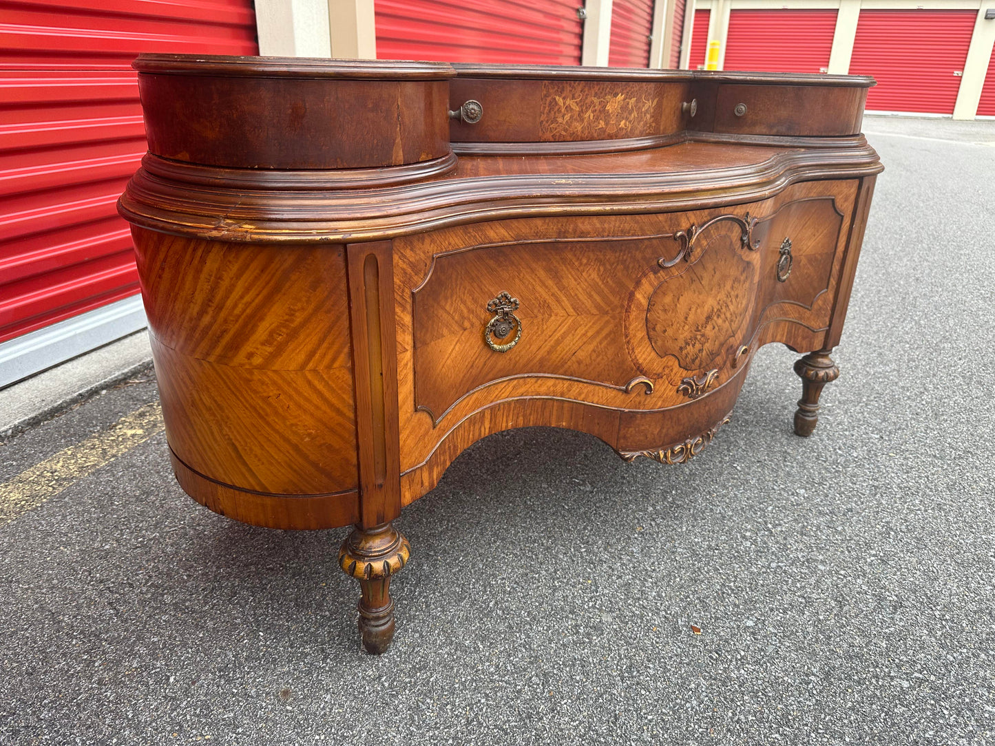 1920's French Style Art Nouveau Hand Carved Crafted Burl Vanity Dresser