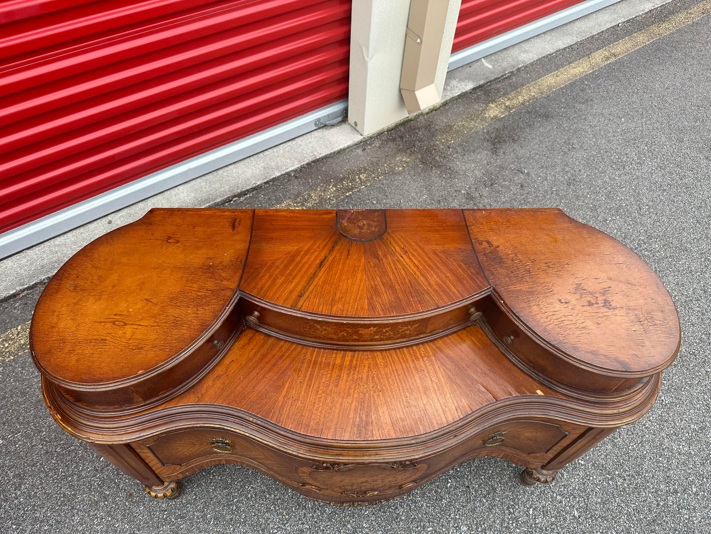 1920's French Style Art Nouveau Hand Carved Crafted Burl Vanity Dresser