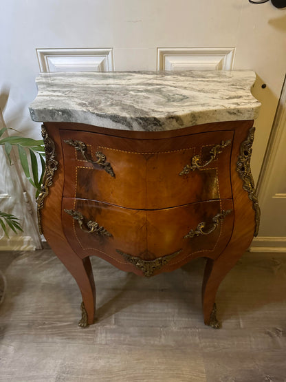 1920s French Louis XV Style Marble Top Ormolu Bombe Commode Chest