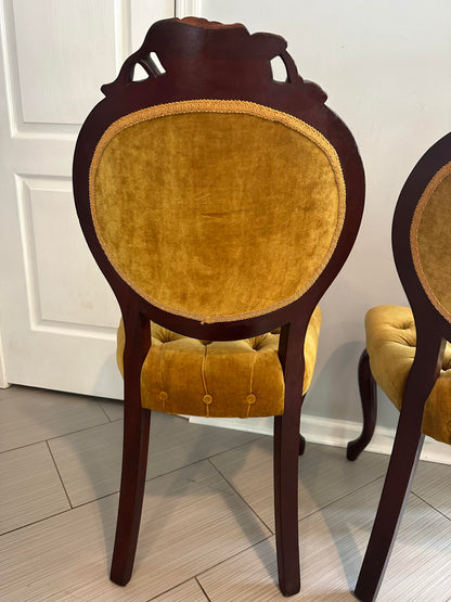 1930s Antique Victorian Mahogany Gold Velvet Parlor Side Chairs - a Pair