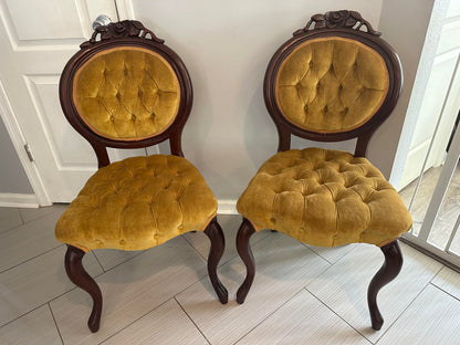 1930s Antique Victorian Mahogany Gold Velvet Parlor Side Chairs - a Pair