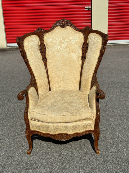 19th Century Continental Triple Pane Ivory Brocade Walnut Armchair