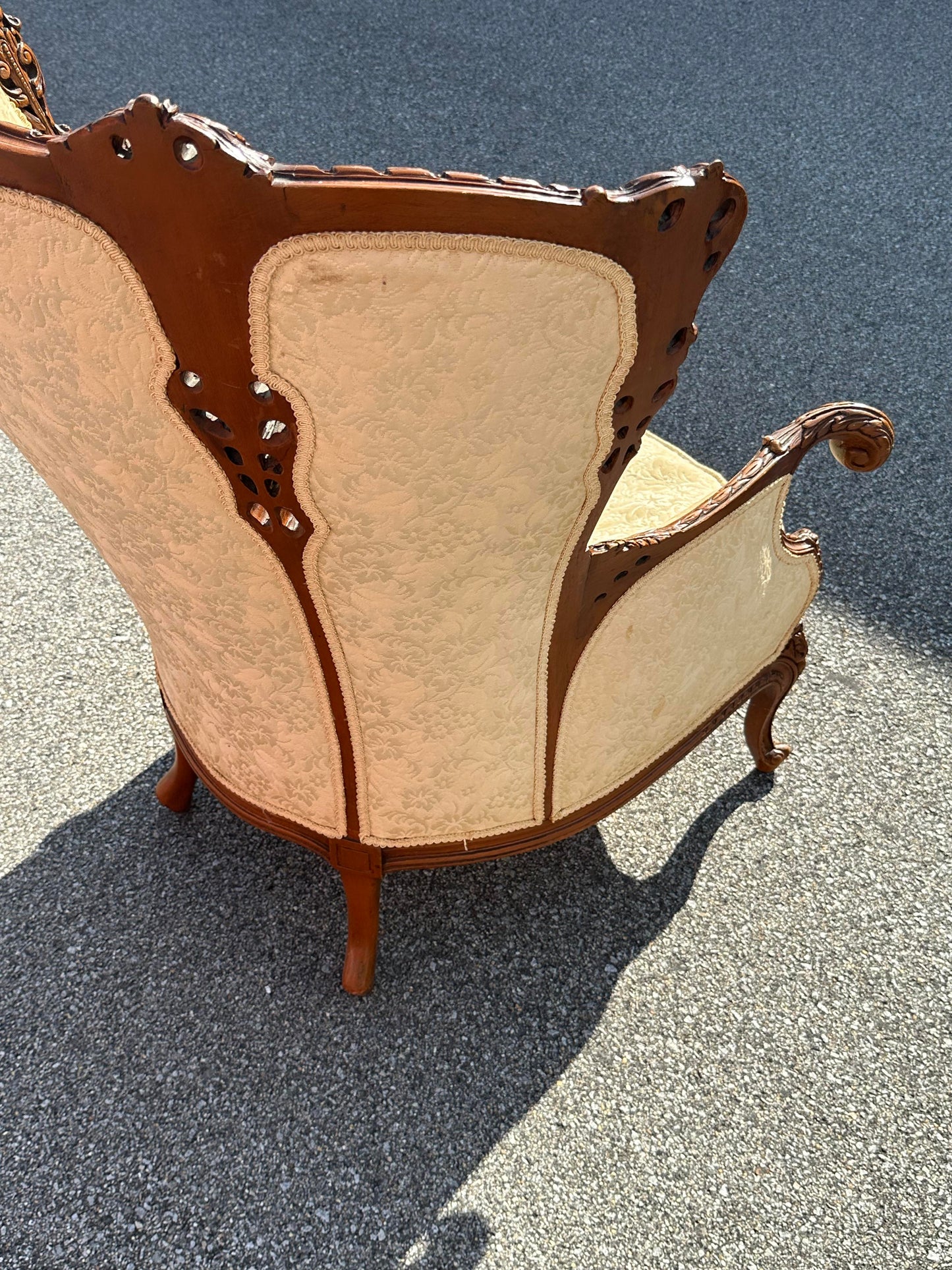 19th Century Continental Triple Pane Ivory Brocade Walnut Armchair