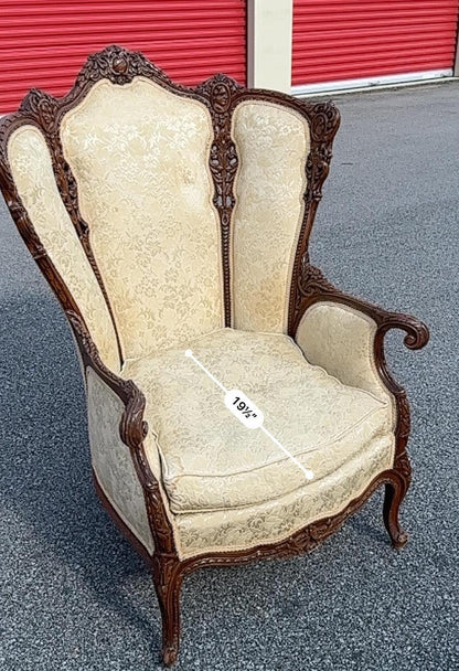 19th Century Continental Triple Pane Ivory Brocade Walnut Armchair