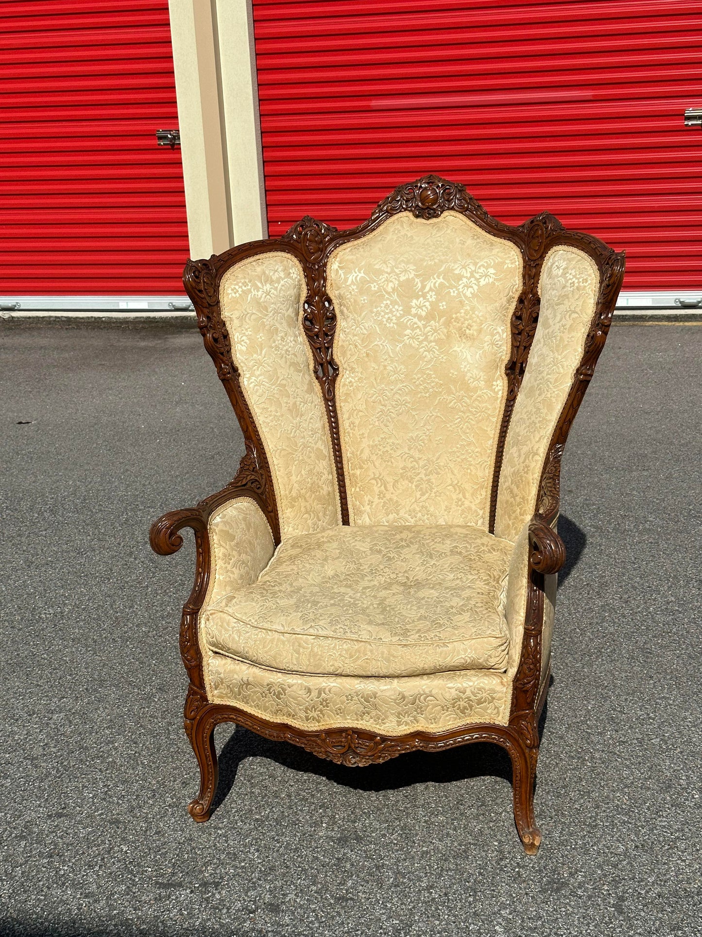 19th Century Continental Triple Pane Ivory Brocade Walnut Armchair