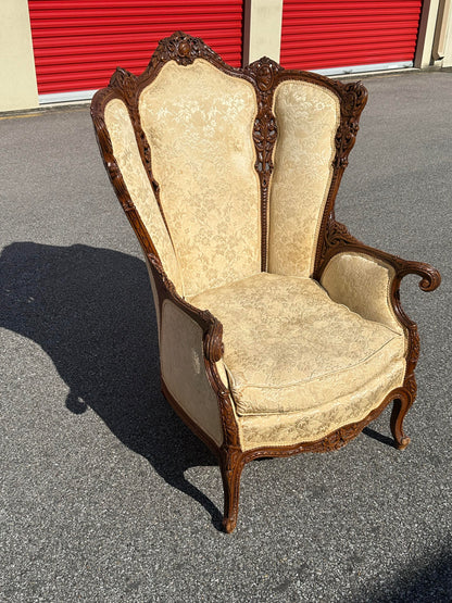 19th Century Continental Triple Pane Ivory Brocade Walnut Armchair