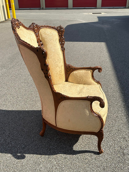 19th Century Continental Triple Pane Ivory Brocade Walnut Armchair