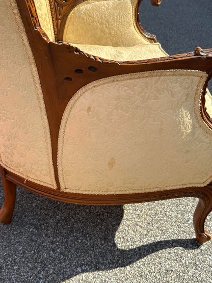 19th Century Continental Triple Pane Ivory Brocade Walnut Armchair