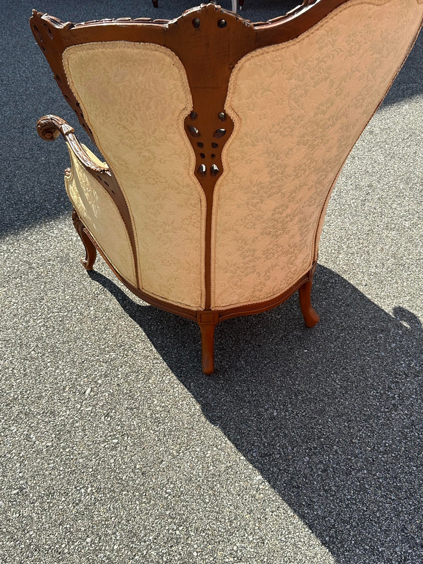 19th Century Continental Triple Pane Ivory Brocade Walnut Armchair