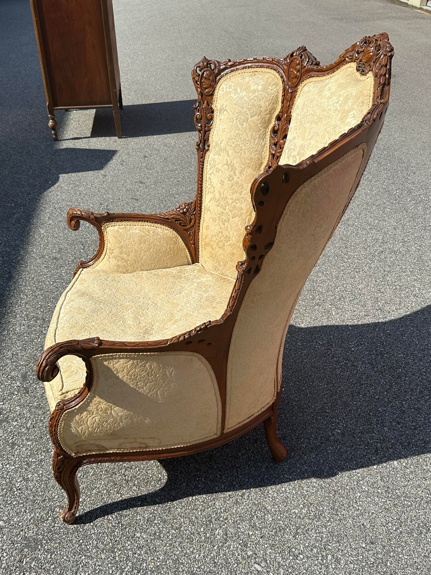 19th Century Continental Triple Pane Ivory Brocade Walnut Armchair