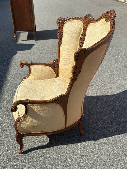 19th Century Continental Triple Pane Ivory Brocade Walnut Armchair