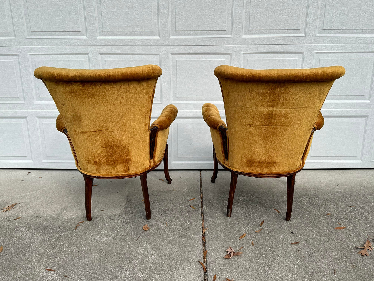 1940s-50s Pair of Golden Velvet Hollywood Regency Button Back Chairs With Wood Accents