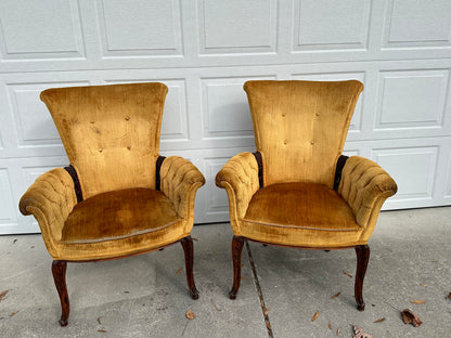 1940s-50s Pair of Golden Velvet Hollywood Regency Button Back Chairs With Wood Accents