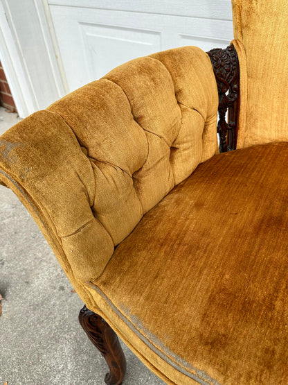 1940s-50s Pair of Golden Velvet Hollywood Regency Button Back Chairs With Wood Accents