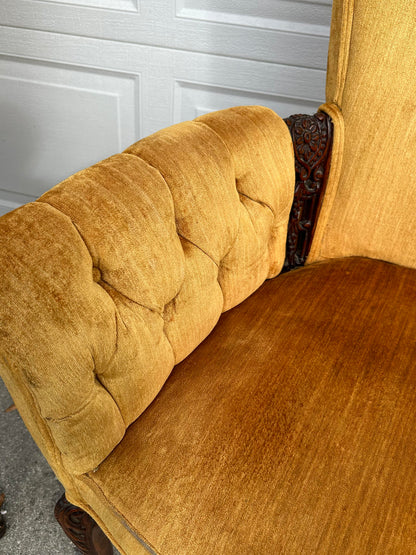 1940s-50s Pair of Golden Velvet Hollywood Regency Button Back Chairs With Wood Accents