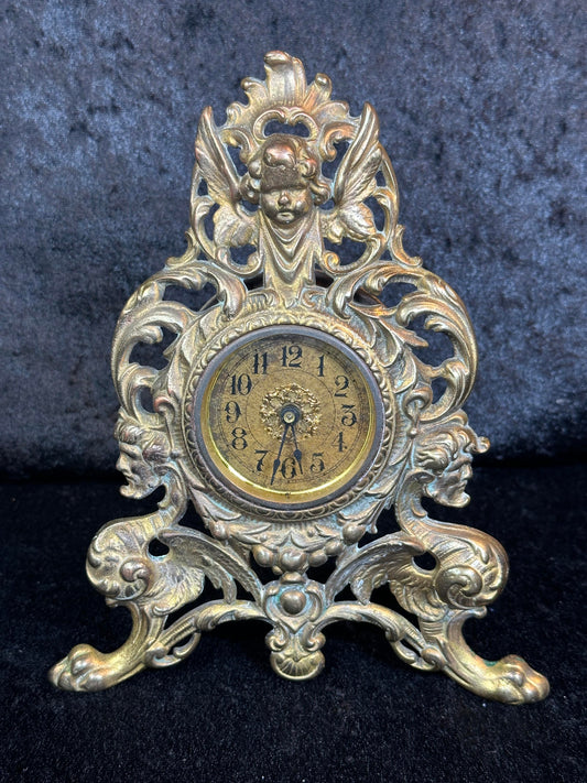 Antique 1908 Westclox Gold Gilt Cast Iron Footed Mantle Clock featuring Angel Cherub Top