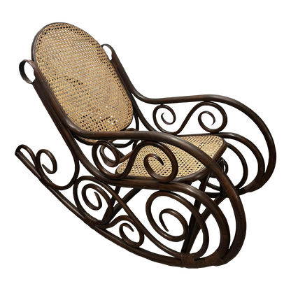 Early 20th Century Oversized Bentwood Thonet Style Cane Rattan Rocking Chair