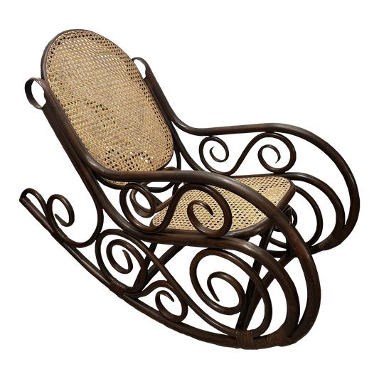 Early 20th Century Oversized Bentwood Thonet Style Cane Rattan Rocking Chair