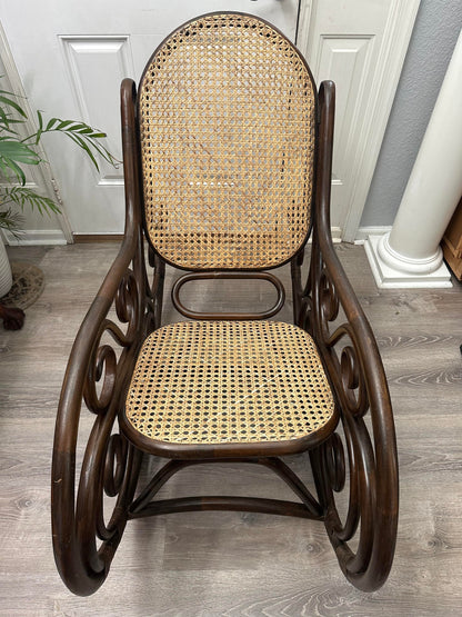 Early 20th Century Oversized Bentwood Thonet Style Cane Rattan Rocking Chair