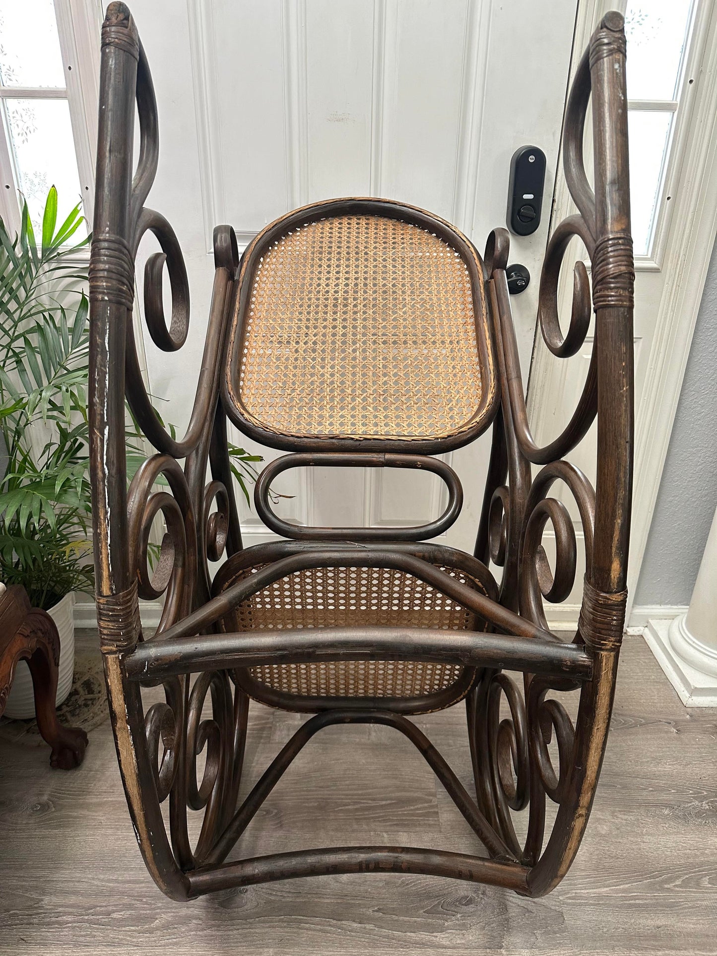 Early 20th Century Oversized Bentwood Thonet Style Cane Rattan Rocking Chair