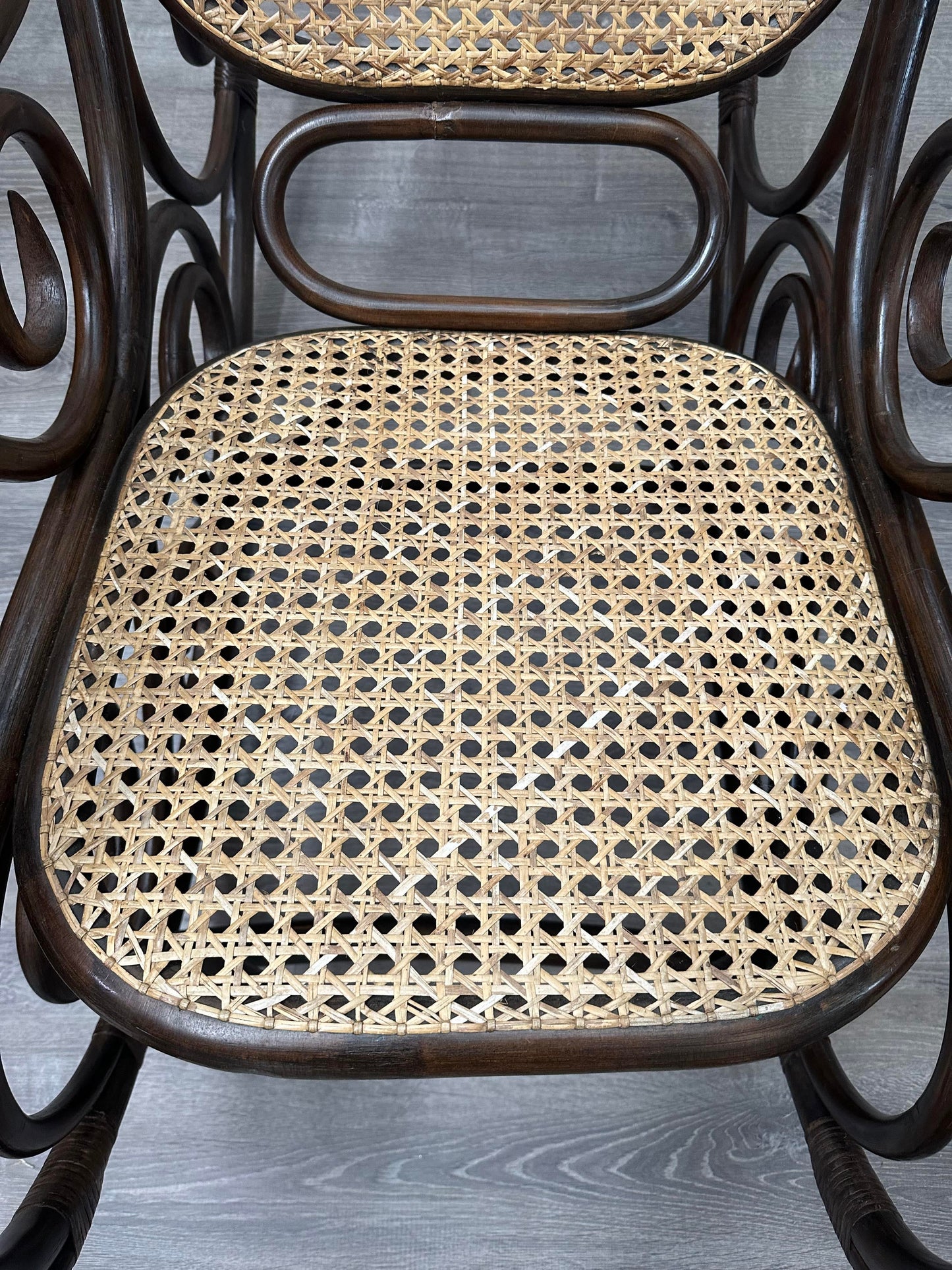 Early 20th Century Oversized Bentwood Thonet Style Cane Rattan Rocking Chair