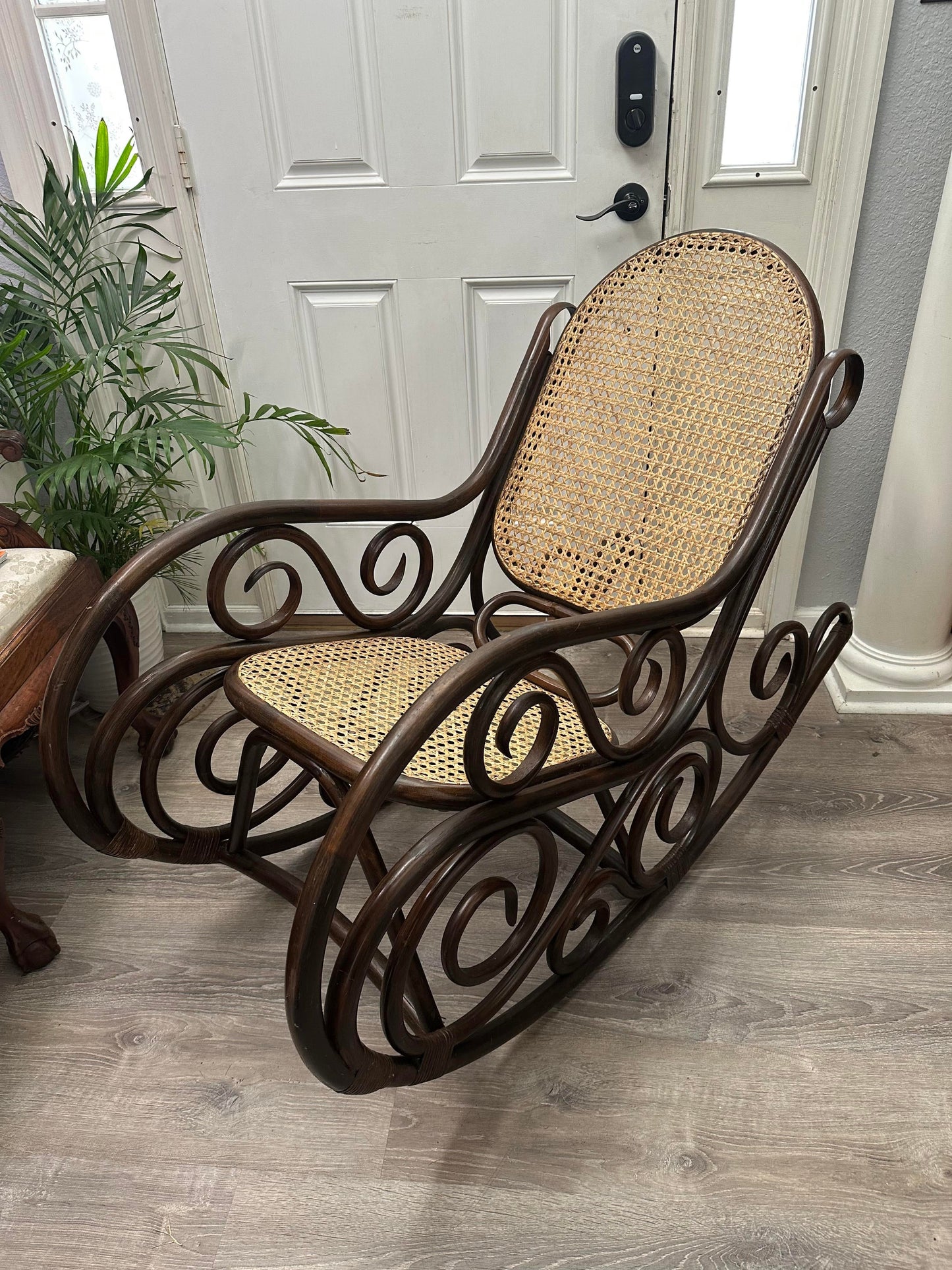 Early 20th Century Oversized Bentwood Thonet Style Cane Rattan Rocking Chair